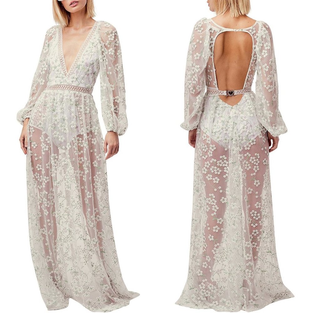 For Love & Lemons White Floral Embroidered Sheer Maxi Dress